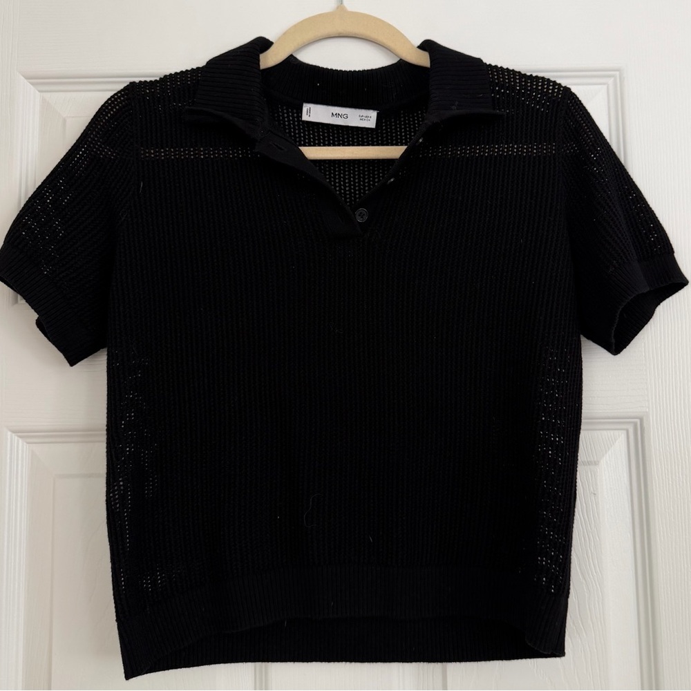 Mango Black Open-Knit Short Sleeve Polo Sweater
